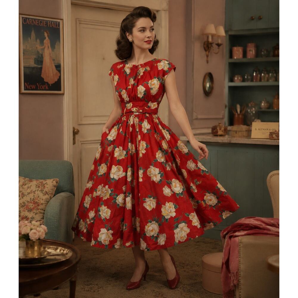 Vintage Carol Anderson California Red Rose Floral Belted Maxi Dress Size 5/6